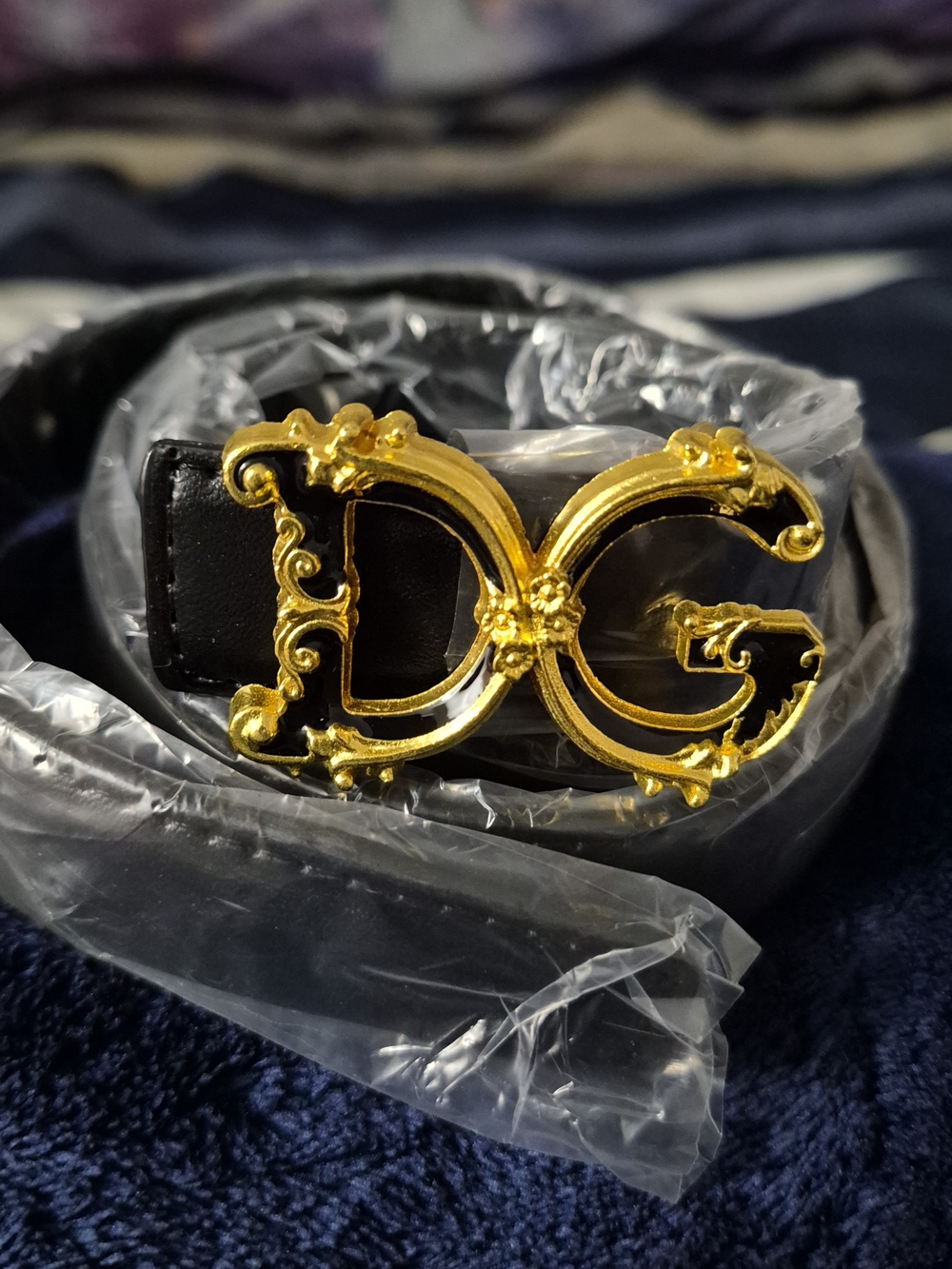 Black Leather Belt with Ornate Gold DG Buckle